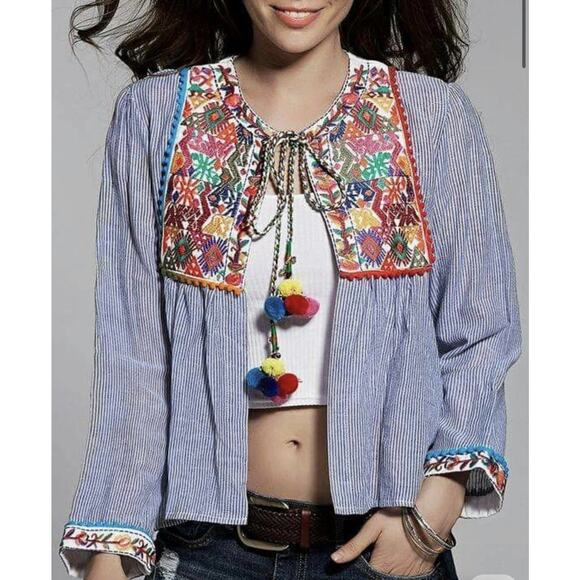 ZARA Embroidered Pom Pom Tassel Striped Open Blouse Jacket    Size: XS - Picture 1 of 7